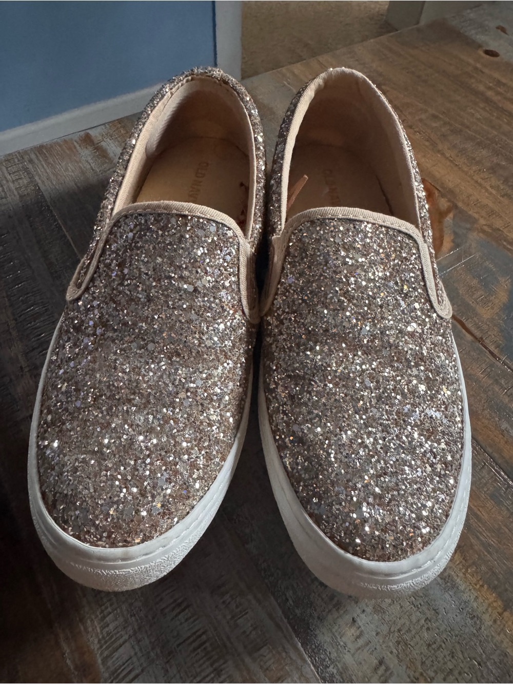 Old Navy Glitter Slip-On Shoes in Beige Brown